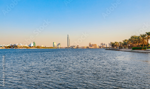 Dubai Creek bay with skyscrapers and palm trees in UAE © oleg_p_100