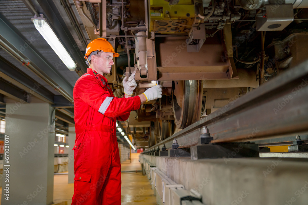 Professional technician worker hold light tube to check and maintenance part of train in electrical or metro train factory. Professional technician worker hold light tube to check and maintenance part of train in electrical or metro train factory.