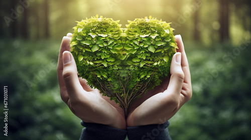 hands holding green heart shaped tree / tree arranged in a heart shape / love nature / save the world / heal the world / environmental preservation