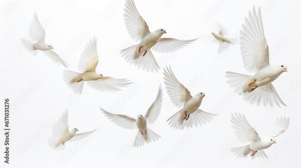 Fototapeta premium Birds flying on white background, AI generated Image