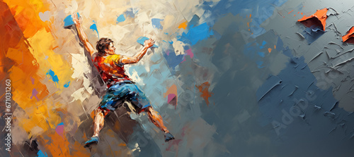 Man climber, climbing sport action colorful splash painting illustration