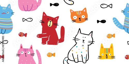 Fototapeta Naklejka Na Ścianę i Meble -  Seamless Pattern of Cartoon Cat Design on White Background