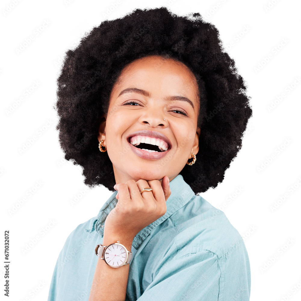 Laugh, face and happy portrait of a black woman for afro and style isolated on a transparent, png background. Headshot, casual and african female person with confidence, beauty and a positive mindset Laugh, face and happy portrait of a black woman for afro and style isolated on a transparent, png background. Headshot, casual and african female person with confidence, beauty and a positive mindset