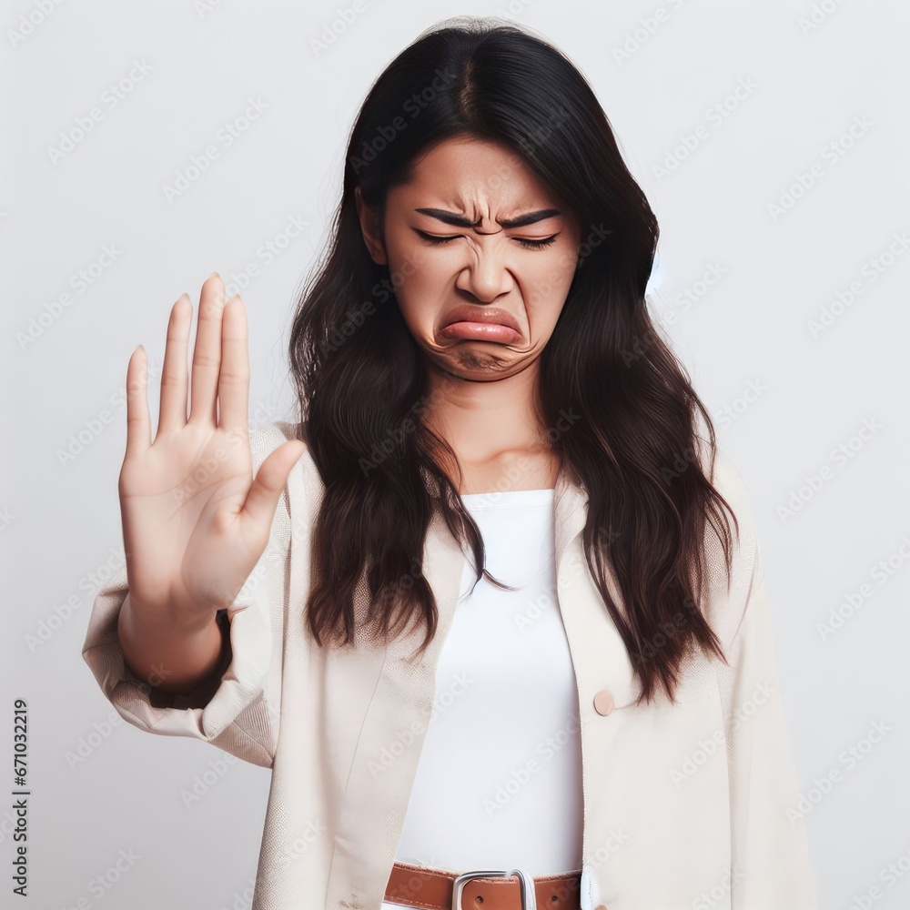 The girl with disgust on her face refuses showing a stop gesture with her hand The girl with disgust on her face refuses showing a stop gesture with her hand