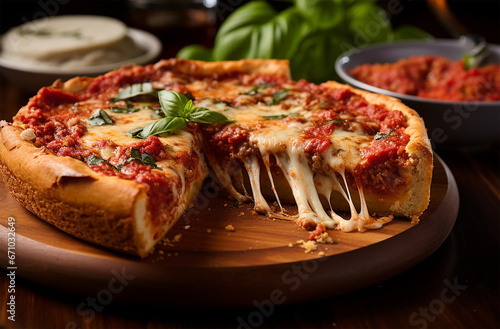 Chicago Deep Dish pizza is a thick, pan-style pizza with layers of cheese, toppings, and chunky tomato sauce