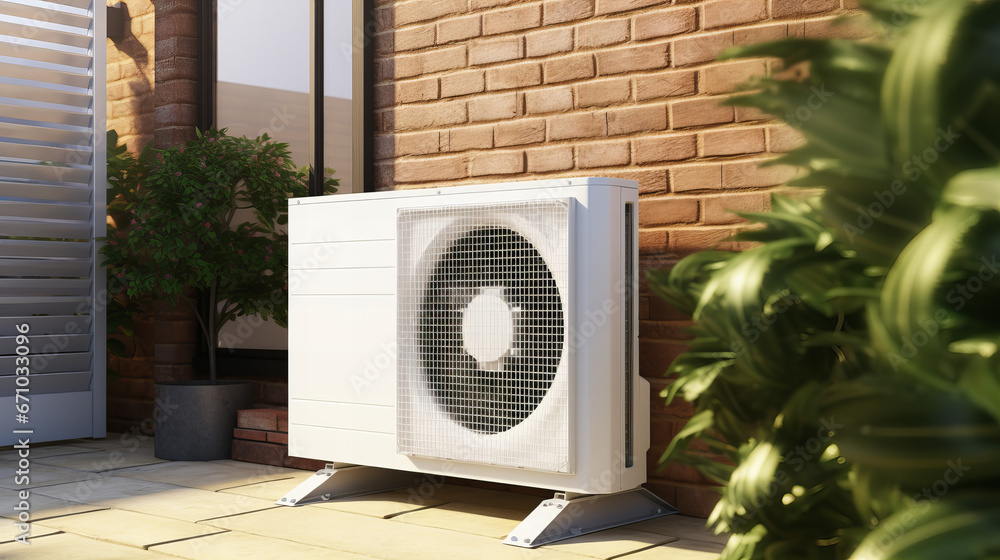 outdoor unit of a modern heat pump standing by the wall outdoor unit of a modern heat pump standing by the wall