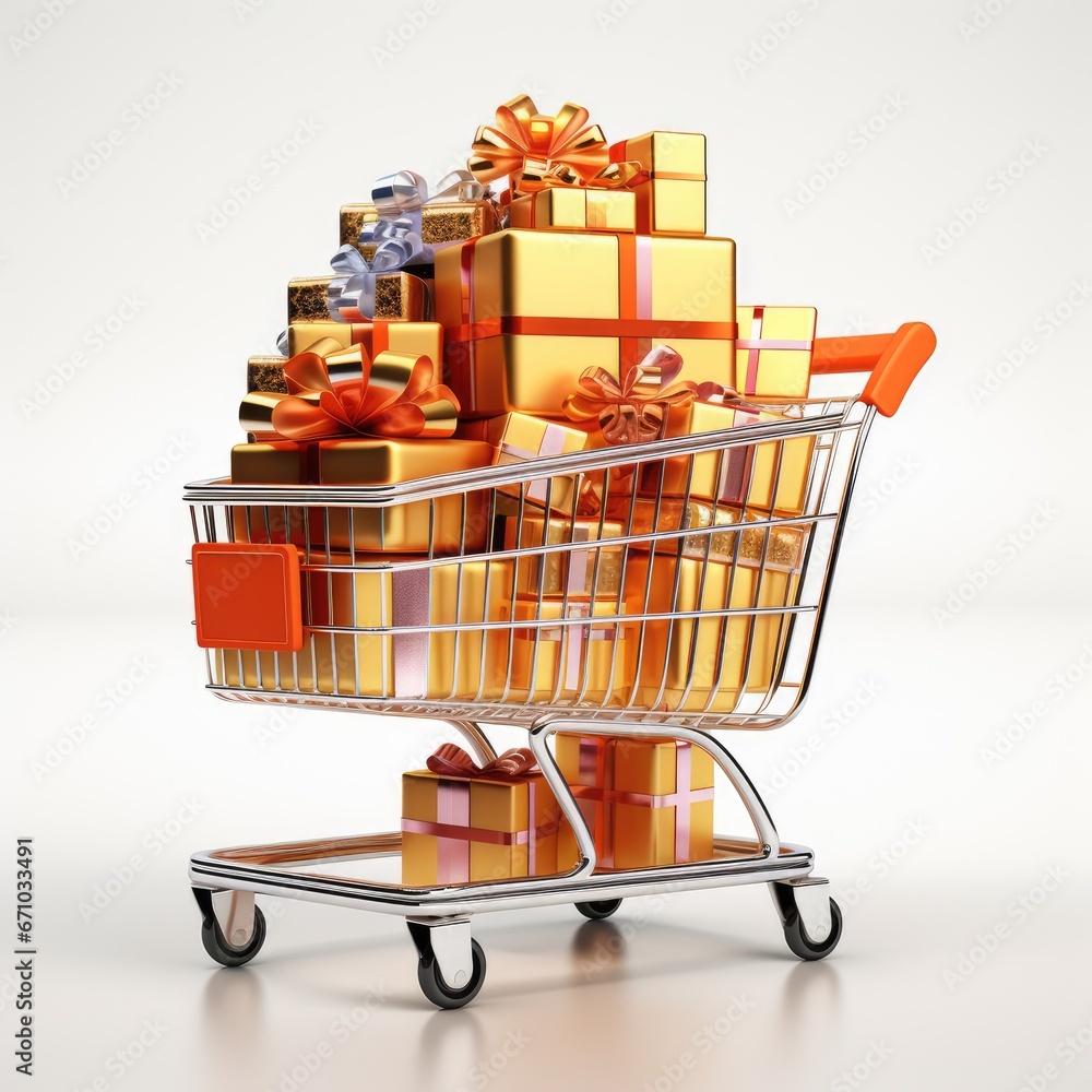 Shopping cart containing gifts, isolated background, AI generated Image