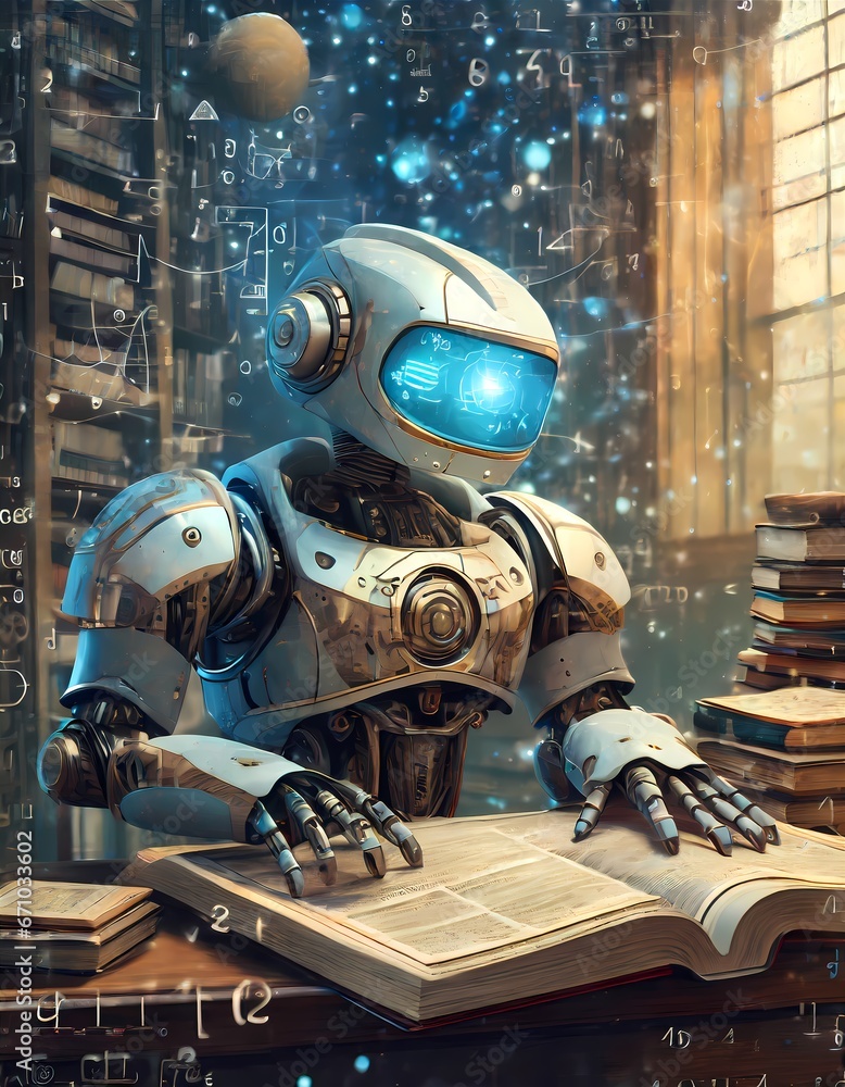 Robot in a study environment, reading and studying old books. Artificial Intelligence concept, model development, technological advancement, future, computer science, robotics, learning.