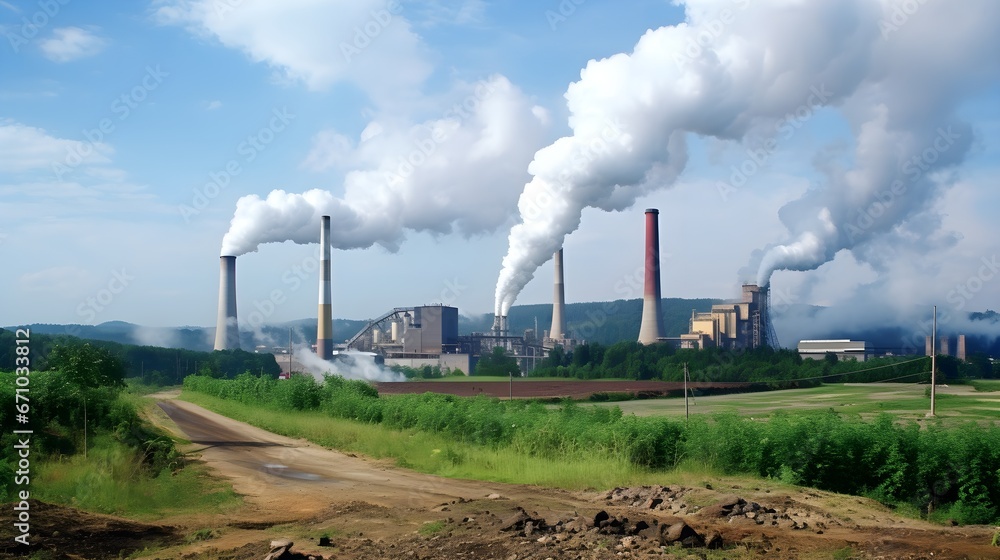 Eco-conscious chimneys, ground-level shot of smokestacks emitting reduced fumes with green belts in the foreground, highlighting industries' commitment to environmental well-being.