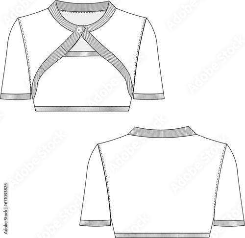 two piece buttoned v neck short sleeve ribbed cuff hem low cut cropped crop  blouse top sweater technical drawing flat sketch