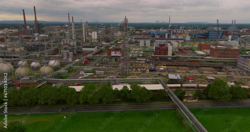 Establishing shot heavy industry chemical park. Aerial view dormagen production and manufacturing of different chemical products. Crop protection agents, polymers, plastics and rubber Establishing shot heavy industry chemical park. Aerial view dormagen production and manufacturing of different chemical products. Crop protection agents, polymers, plastics and rubber
