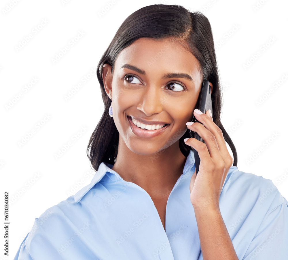 Phone call, business woman with smile and communication for deal, networking or contact on isolated, transparent or png background. Happy, Indian employee and conversation on cellphone connection Phone call, business woman with smile and communication for deal, networking or contact on isolated, transparent or png background. Happy, Indian employee and conversation on cellphone connection