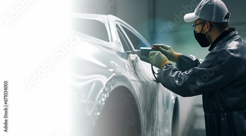 自動車修理工場で車を修理するメカニック、車検と点検のイメージ photo