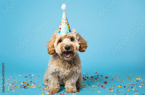 Happy cute labradoodle dog wearing a party hat celebrating at a birthday party, surrounding by falling confetti on solid light blue background