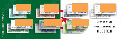 Vector set of pixel mosaic banknotes of Algeria. Collection of bills in denominations of 100, 200, 500, 1000 and 2000 Algerian dinars. Play money or flyers.