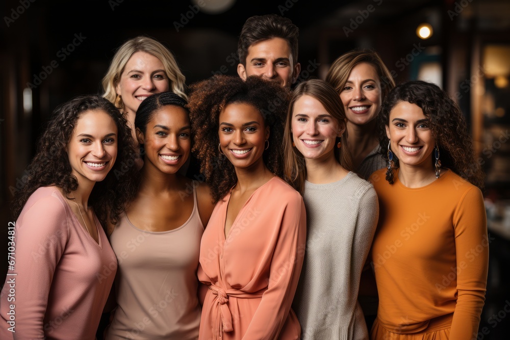 Half-length studio portrait of eight cheerful young diverse multiethnic women. Female friends in beautiful dresses smiling at camera while posing together. Diversity, beauty, friendship concept.