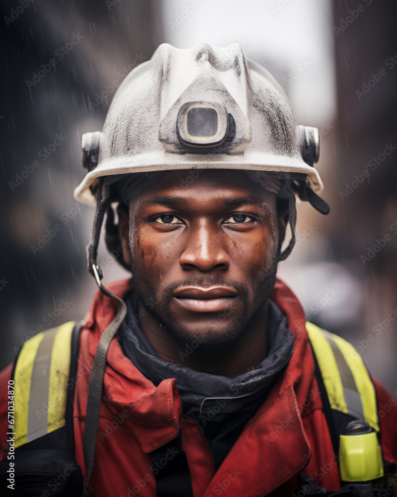 Man firefighter outdoor portrait in red uniform and helmet
