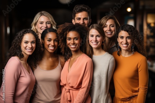 Half-length studio portrait of eight cheerful young diverse multiethnic women. Female friends in beautiful dresses smiling at camera while posing together. Diversity, beauty, friendship concept.
