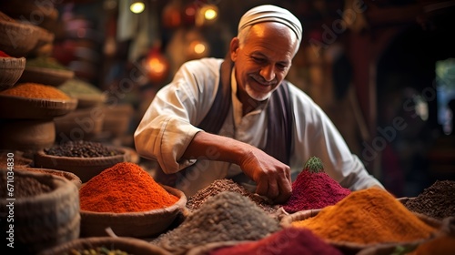 Spice trader in bazaar, close-up shot of a seasoned trader, surrounded by mounds of colorful spices, a testament to the ancient trade routes.