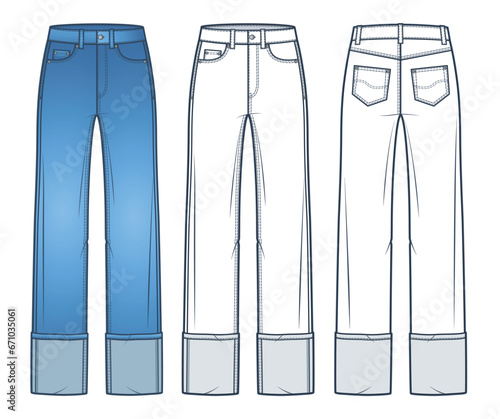 Cuff Jeans Pants technical fashion illustration. Denim Pants fashion flat technical drawing template, mid rice, pockets, front and back view, blue, women, men, unisex CAD mockup set.