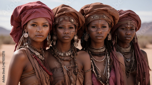 Three beautiful dark-skinned girls in national hats and bright makeup against the desert background.