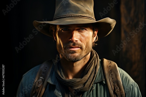 Portrait of mature man in cowboy clothes and hat against the backdrop of a wild western settlement. The Red Dead Redemption character looks at the camera with confident smile. Real courageous cowboy.