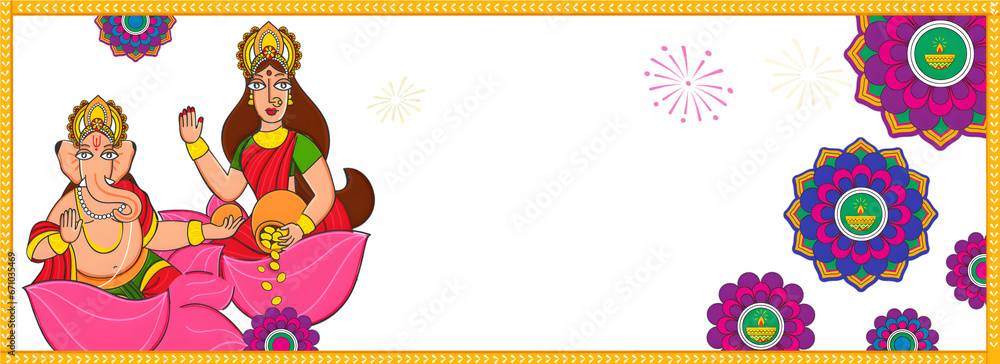 Fototapeta premium Illustration Of Lord Ganesha with Goddess Lakshmi Statue and Floral Decorated Background For Happy Diwali Celebration Concept.