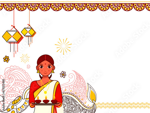 Happy Diwali Concept With Indian Woman Holding Plate Of Lit Oil Lamps (Diya) And Hanging Lanterns (Kandeel) On Fireworks Background. photo