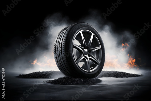 Car tires with a great profile on illuminates asphalt, smoke
