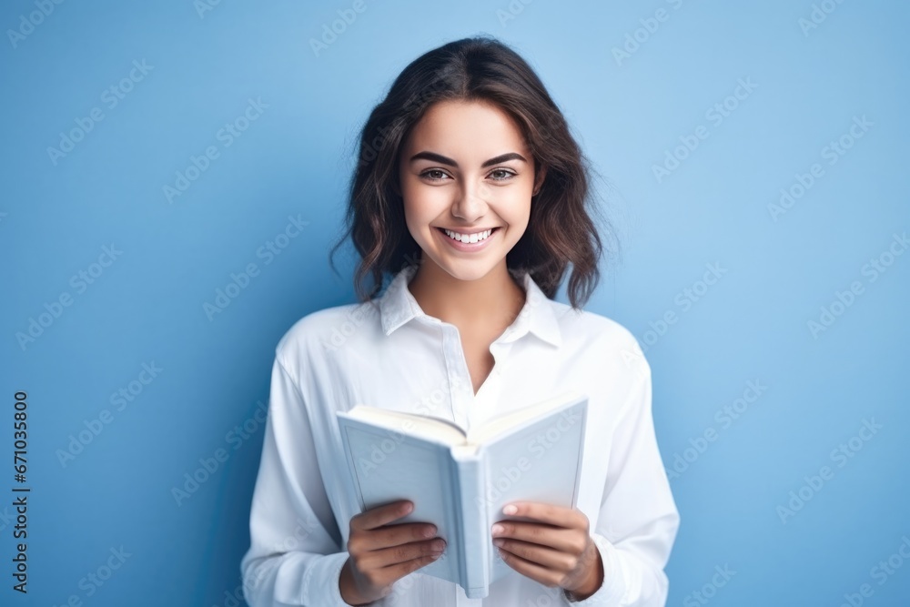 Portrait of female teacher holding open book on blue background. Portrait of female teacher holding open book on blue background.
