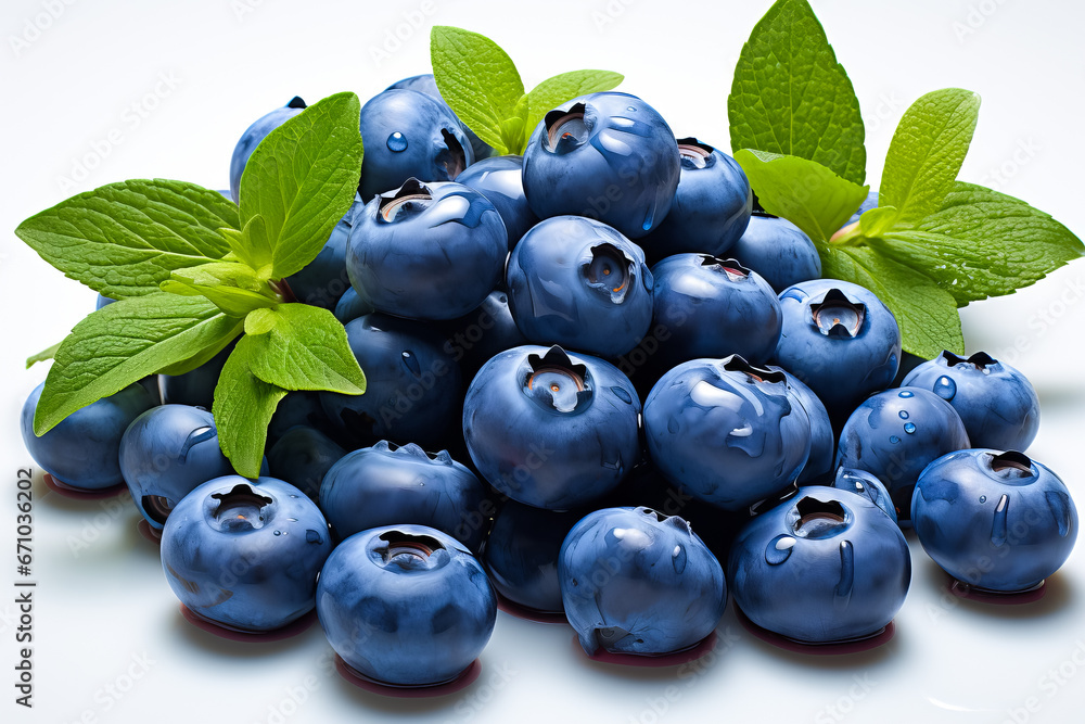 Blueberries with leaves on white background Blueberries with leaves on white background