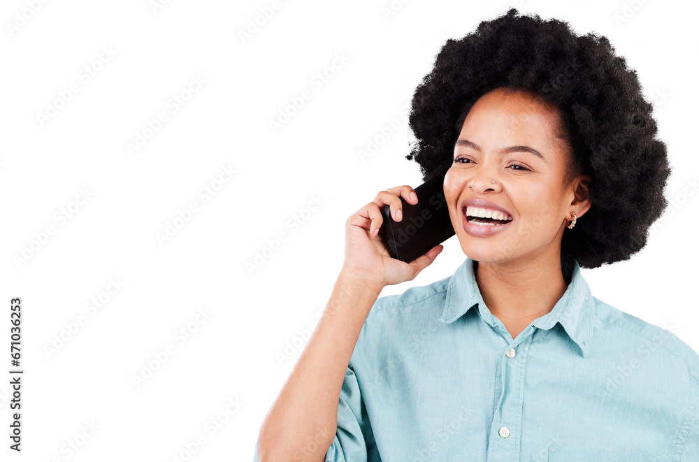 Isolated African woman, phone call and smile with thinking, contact or listen by transparent png background. Happy young lady, smartphone and mobile networking for deal, news and excited for vision Isolated African woman, phone call and smile with thinking, contact or listen by transparent png background. Happy young lady, smartphone and mobile networking for deal, news and excited for vision