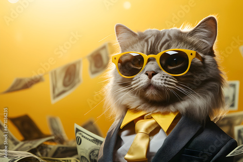 A cool cat wearing sunglasses with cash money, against a yellow background, who is rich and successful, photo