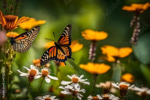 Photograph a garden alive with butterflies flitting among the flowers, aiming to portray their delicate beauty in a way that echoes the softness of watercolor art © Shahryar