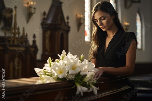 woman in a church with a bouquet of white flowers on coffin.Funeral concept.