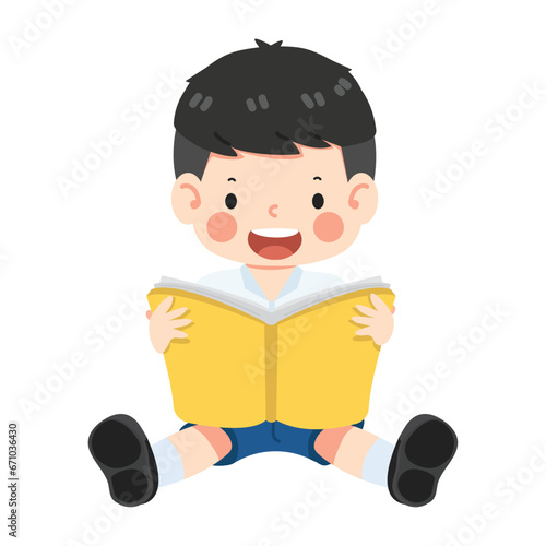 Kid boy student sitting read book vector