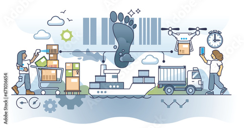 E-commerce and its environmental impact with CO2 pollution outline concept. Trade and logistics carbon dioxide negative effect vector illustration. Retail cargo shipping and distribution problem.