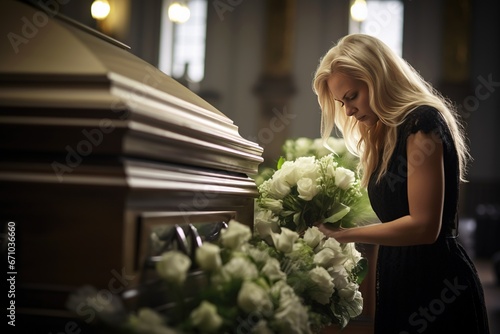 woman in a church with a bouquet of white flowers on coffin.Funeral concept.