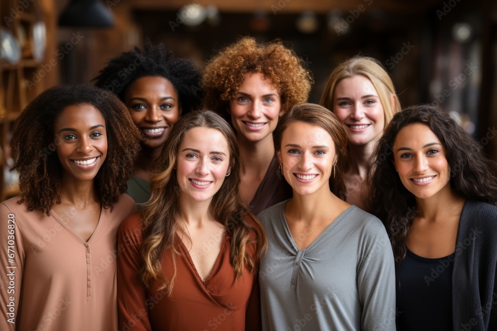 Half-length studio portrait of seven cheerful young diverse multiethnic women. Female friends in beautiful dresses smiling at camera while posing together. Diversity, beauty, friendship concept.