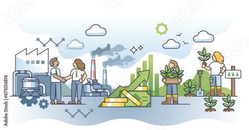 Economic growth vs environmental protection for balance outline concept. Business control with sustainable, nature friendly investments vector illustration. Challenge for economy and climate harmony.