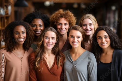 Half-length studio portrait of seven cheerful young diverse multiethnic women. Female friends in beautiful dresses smiling at camera while posing together. Diversity, beauty, friendship concept.