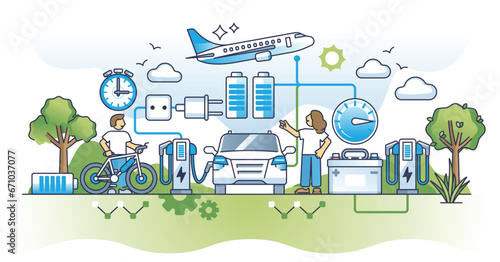 Electrical evolution in transportation with electricity power outline concept. Modern, sustainable and nature friendly energy usage for personal EV, aviation and eco logistics vector illustration.