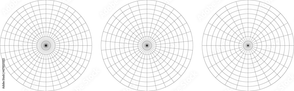 Polar grid divided into radial spoke degree 36, 30 or 24 sectors and concentric circles. Radar circular graph screen