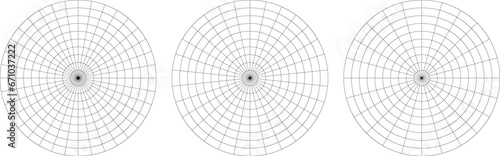 Polar grid divided into radial spoke degree 36, 30 or 24 sectors and concentric circles. Radar circular graph screen