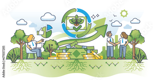 Green investments and sustainable financial funding business outline concept. Responsible, green and nature friendly investing for environmentally ethical economy vector illustration. Profit growth.