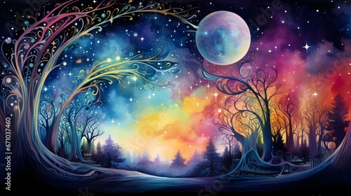 Cosmic Watercolor Universe: Nebula, Rainbow, and Filigree Illustration © Mauro