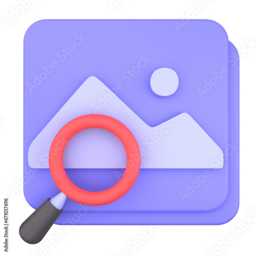 search photo of 3d illustration. Search Engine 3D Concept. image icon in box with magnifying glass. 3d render
