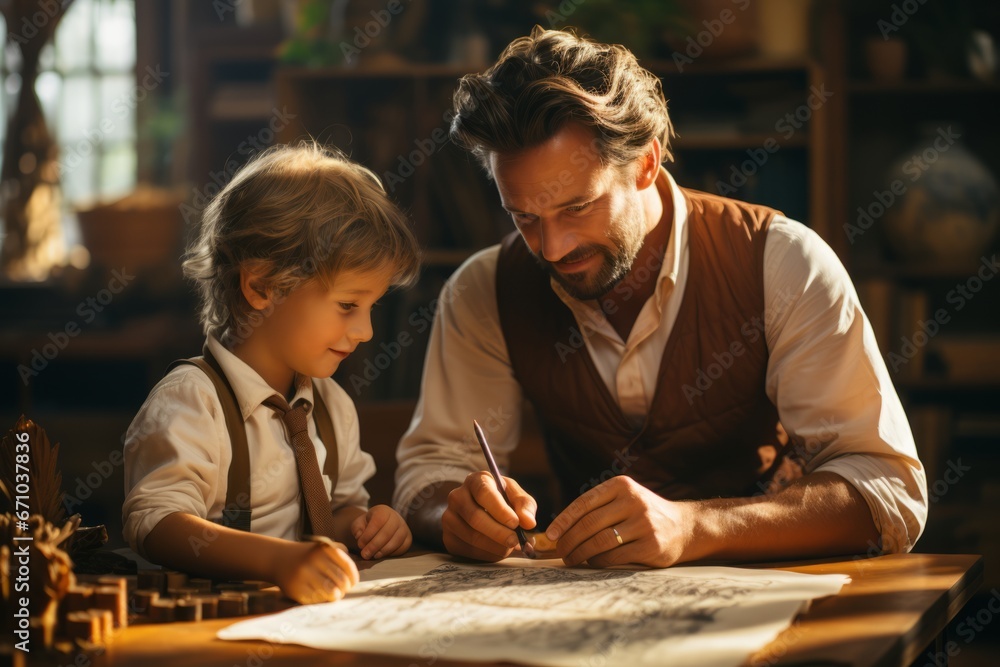 Young Caucasian father helps his little son prepare homework. Caring dad and small boy sitting at table with open notebook, doing home task, learning together. Family education and communication. Young Caucasian father helps his little son prepare homework. Caring dad and small boy sitting at table with open notebook, doing home task, learning together. Family education and communication.