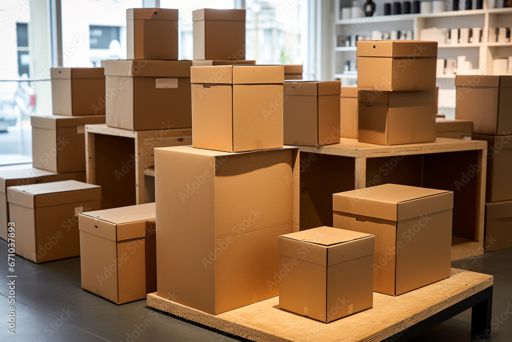 Fototapeta premium Parcel box package with blurred shelve background in retail store for delivery.