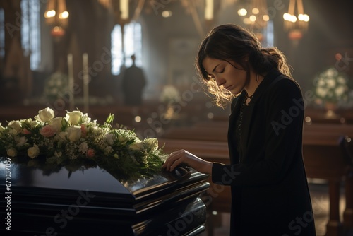 woman in a church with a bouquet of white flowers on coffin.Funeral concept. photo